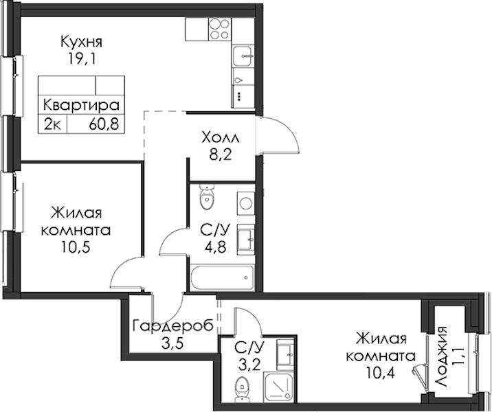 2-комнатная квартира 60.8 м², 3/8 эт., ЖК «Шкиперский 19»